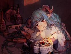 Rule 34 | 1girl, absurdres, alcohol, beer bottle, blue hair, blush, braid, cake, candle, closed mouth, commission, food, granblue fantasy, highres, horns, lamretta, long sleeves, pointy ears, red eyes, single braid, solo, svveetberry