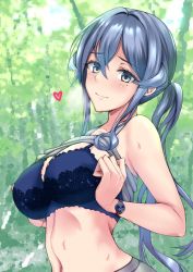 Rule 34 | 1girl, blue bra, blue eyes, blue hair, blush, bra, breasts, breath, clothes lift, commentary request, eyelashes, gotland (kancolle), grey background, half-closed eyes, heart, highres, kantai collection, kuurunaitsu, large breasts, long hair, looking at viewer, mole, mole under eye, open mouth, ponytail, sidelocks, solo, sports bra, sports bra lift, swedish flag, underwear, upper body, watch, wristwatch