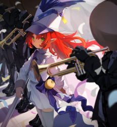Rule 34 | 1girl, 5others, absurdres, apple, arknights, blue bow, bow, bra, closed mouth, commentary request, flag, floating hair, food, fruit, green eyes, grey thighhighs, hair between eyes, hat, highres, holding, holding instrument, instrument, long hair, long sleeves, multiple others, myrtle (arknights), pointy ears, red hair, shako cap, skirt, sleeves past wrists, standing, thighhighs, trumpet, underwear, very long hair, white bra, white headwear, white skirt, yorurui sansan