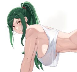 1girl absurdres akihitoevon bent_over blush breasts crop_top crusch_karsten green_hair hanging_breasts highres large_breasts leaning_forward long_hair looking_at_viewer open_mouth ponytail re:zero_kara_hajimeru_isekai_seikatsu see-through_clothes see-through_shirt shirt sideboob sigh solo stomach toned toned_female upper_body white_background