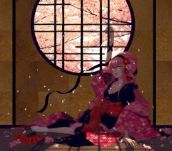 Rule 34 | 1girl, alternate hairstyle, aqua eyes, breasts, cherry blossoms, cleavage, cup, hand fan, flower, hair ribbon, japanese clothes, kimono, large breasts, long hair, lying, megurine luka, on side, petals, pink hair, ribbon, solo, tatami, vocaloid, yunomi, yunomi (yunomi imonuy)