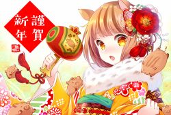 Rule 34 | 1girl, :o, animal, animal ears, blunt bangs, blush, boar, boar ears, brown hair, checkered background, chinese zodiac, commentary request, flower, fur, gradient background, hair flower, hair ornament, hammer, holding, holding hammer, japanese clothes, kimono, koyama sao, long sleeves, looking at viewer, nose blush, obi, open mouth, orange eyes, original, red flower, sash, short hair, solo, tareme, tassel, upper body, wide sleeves, year of the pig, yellow kimono