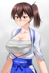 Rule 34 | 1girl, akito (sub707), black hair, blue hakama, breasts, brown eyes, cleavage, collarbone, commentary request, gradient background, grey background, hakama, hakama skirt, highres, japanese clothes, kaga (kancolle), kantai collection, kimono, large breasts, open clothes, open kimono, sarashi, side ponytail, skirt, solo, standing, tasuki, upper body