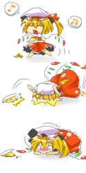 Rule 34 | 1girl, :&gt;, bad end, bad id, bad pixiv id, banana peel, blonde hair, blush, chibi, comic, eiri (eirri), falling, female focus, flandre scarlet, food, hat, musical note, one side up, ponytail, pudding, quaver, short hair, side ponytail, silent comic, speech bubble, spoken musical note, tears, touhou, tripping, wings