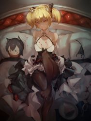 Rule 34 | absurdres, alcohol, animal ear fluff, animal ears, arknights, arm behind back, bare shoulders, bed, bed sheet, black bow, black capelet, black dress, black panties, black ribbon, blonde hair, bow, breasts, brooch, capelet, cleavage, clothes pull, commentary request, cup, detached collar, dress, dress bow, dress pull, drinking glass, eyyy, feet, female focus, food, foot up, fox ears, frilled dress, frills, glass, hair ornament, hair ribbon, head tilt, highres, huge filesize, jacket, jewelry, knee up, leaning, leaning back, lingerie, looking at viewer, no bra, on bed, orange eyes, panties, unworn panties, pantyhose, partial commentary, pie, pillow, plate, pulling own clothes, ribbon, sexually suggestive, short hair, short twintails, sidelocks, sitting, skirt hold, sora (arknights), spill, stain, tail, texas (arknights), thighs, toes up, twintails, two-tone dress, underwear, white dress, white jacket, white neckwear, wine, wine glass, wolf ears, wolf tail