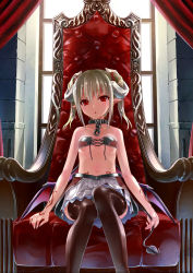 Rule 34 | 1girl, :o, armchair, bare shoulders, bat wings, bikini, bikini top only, black thighhighs, blonde hair, blush, bra, breasts, brown thighhighs, chain, chair, chestnut mouth, collar, demon girl, demon tail, demon wings, double bun, hair bun, holding own tail, horns, kakuno, leash, looking at viewer, navel, open mouth, original, pointy ears, red eyes, shelly (kakuno), short hair, short twintails, sidelocks, sitting, skirt, slave, small breasts, solo, swimsuit, tail, tattoo, thighhighs, throne, twintails, underboob, underwear, wings