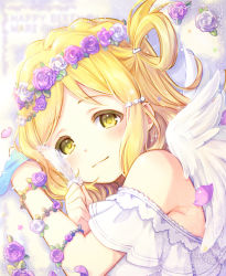Rule 34 | 10s, 1girl, angel wings, blonde hair, blush, character name, clenched hands, dated, feathers, flower bracelet, hair ornament, hair rings, hairpin, happy birthday, head wreath, holding, holding feather, light smile, looking at viewer, love live!, love live! school idol festival, love live! sunshine!!, ohara mari, petals, sakuramochi n, solo, twitter username, wings, yellow eyes