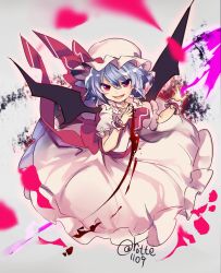 Rule 34 | 1girl, ascot, bat wings, blood, blue hair, brooch, dress, fang, hat, hat ribbon, highres, jewelry, mob cap, pink dress, puffy short sleeves, puffy sleeves, red eyes, remilia scarlet, ribbon, rotte (1109), short hair, short sleeves, smile, solo, touhou, wings, wrist cuffs