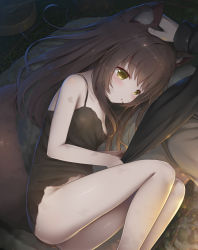 Rule 34 | 1boy, 1girl, animal ear fluff, animal ears, bare legs, bare shoulders, black hair, blush, bowl, breasts, brown hair, clothes pull, commentary request, fox ears, fox girl, fox tail, hand on another&#039;s head, headpat, highres, long hair, lying, no panties, on side, original, paid reward available, psyche3313, shirt pull, solo focus, spoon, tail, yellow eyes
