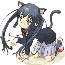 Rule 34 | 00s, 1girl, all fours, animal ears, black hair, blush, brown eyes, buntan, cat ears, cat tail, embarrassed, k-on!, long hair, nakano azusa, paw pose, school uniform, shoes, shy, skirt, socks, solo, tail, twintails, uwabaki, wavy mouth