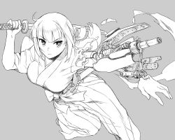 Rule 34 | 1girl, arm cannon, blunt bangs, breasts, cyborg, grey background, greyscale, hakama, hakama skirt, holding, holding sword, holding weapon, itou (onsoku tassha), japanese clothes, leg up, mechanical arms, mechanical parts, miko, monochrome, serious, sheath, simple background, single mechanical arm, skirt, solo, sword, torn clothes, unsheathed, weapon