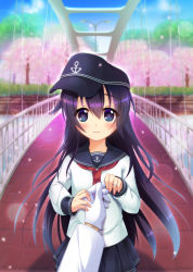 Rule 34 | 1boy, 1girl, absurdres, admiral (kancolle), akatsuki (kancolle), anchor symbol, badge, blue sky, bridge, cherry blossoms, cloud, flat cap, folded ponytail, gloves, hat, highres, jewelry, kantai collection, lamppost, long hair, long sleeves, messy hair, military, military uniform, naval uniform, neckerchief, out of frame, petals, pleated skirt, purple eyes, purple hair, red neckerchief, ring, rmk, school uniform, serafuku, skirt, sky, smile, solo focus, tree, uniform, wedding ring, white gloves