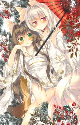Rule 34 | 2girls, animal ears, arm around neck, bell, berry, blush, brown hair, collarbone, eyebrows, eyes visible through hair, fox ears, fox tail, green eyes, hair between eyes, hair intakes, hand on another&#039;s shoulder, highres, japanese clothes, jingle bell, kimono, long hair, looking at viewer, multiple girls, oil-paper umbrella, original, parted lips, plant, red eyes, saichuu, silver hair, snow, tail, umbrella, very long hair