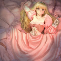 Rule 34 | 1girl, 2022, blonde hair, closed mouth, collarbone, detached sleeves, dress, female focus, from above, frown, gloves, grey eyes, long hair, long sleeves, looking at viewer, lying, on back, original, pink dress, puffy sleeves, solo, spread legs, tiara, white gloves, youkai ankake