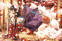 Rule 34 | 1girl, animal ears, architecture, bare shoulders, barefoot, bell, black hair, blunt bangs, cherry blossoms, closed mouth, collarbone, cura, east asian architecture, floral print, folding fan, fox, fox ears, fox girl, fox tail, hair ribbon, hand fan, highres, holding, japanese clothes, jewelry, jingle bell, kimono, kitsune, kyuubi, lamp, lantern, lipstick, long hair, looking at viewer, magatama, magatama necklace, makeup, multiple tails, necklace, night, ofuda, original, paper lantern, red eyes, red kimono, ribbon, sarashi, sidelocks, sitting, smile, solo, tail, torii