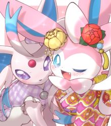 Rule 34 | ;d, blush, buttons, clothed pokemon, commentary request, cosplay, costume switch, creatures (company), espeon, espeon (pokebuki), espeon (pokebuki) (cosplay), fang, flower, game freak, gen 2 pokemon, gen 6 pokemon, nintendo, no humans, one eye closed, open mouth, pokemon, pokemon (creature), pokemon unite, prehensile ribbon, purple eyes, red flower, smile, sylveon, sylveon (checkered), sylveon (checkered) (cosplay), tongue, yuui art