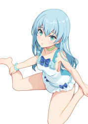 Rule 34 | 1girl, alice gear aegis, aqua eyes, blue bow, blue hair, bow, choker, commentary request, frills, long hair, looking at viewer, ochanomizu mirie, one-piece swimsuit, open mouth, pinakes, scrunchie, simple background, solo, swimsuit, swimsuit skirt, white background, white one-piece swimsuit
