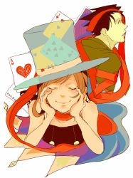 Rule 34 | 1boy, 1girl, ace (playing card), ace attorney, ace of hearts, age difference, apollo justice: ace attorney, bad id, bad pixiv id, bare shoulders, black hair, blue hat, brown hair, card, closed eyes, earrings, entangled, facial hair, father and daughter, goatee stubble, hands on own cheeks, hands on own face, hat, heart, jewelry, joker (playing card), looking to the side, magician, parted lips, phoenix wright, playing card, profile, scarf, see-through, short hair, smile, spiked hair, stubble, swept bangs, top hat, trucy wright, ui (pppuuu), upper body, white background