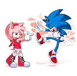 Rule 34 | 1boy, 1girl, absurdres, amy rose, blue fur, closed eyes, double finger gun, finger gun, furry, furry female, furry male, green eyes, highres, isa-415810, one eye closed, pink fur, pointing, pointing at another, sonic (live action), sonic (series), sonic the hedgehog, sonic the hedgehog (film)
