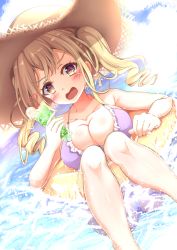 Rule 34 | 1girl, absurdres, bang dream!, bikini, blonde hair, blush, breasts, cleavage, commentary request, drink, hat, highres, holding, holding drink, ichigaya arisa, innertube, knees together feet apart, large breasts, long hair, looking at viewer, navel, ocean, outdoors, purple bikini, solo, sumioo (sumikko no ousama), swim ring, swimsuit, twintails, yellow eyes