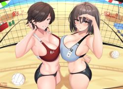 Rule 34 | 2girls, ball, beach, beach volleyball, bikini, borrowed character, breast press, breasts, brown eyes, brown hair, castell, cleavage, commentary, commission, cowboy shot, dated, day, english commentary, from side, hair over one eye, hand on own head, height, huge breasts, looking at viewer, medium hair, mole, mole on breast, multiple girls, navel, original, outdoors, sand, short hair, signature, smile, sports bra, standing, swimsuit, symmetrical docking, towel, volleyball, volleyball (object), volleyball net, water