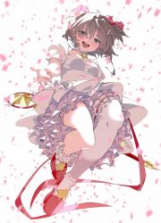 Rule 34 | 1girl, :d, aqua eyes, blurry, blurry foreground, brown hair, cardcaptor sakura, confetti, depth of field, dress, frilled dress, frilled thighhighs, frills, from below, full body, green eyes, hair ribbon, highres, hoshi no tsue, jumping, kinomoto sakura, looking at viewer, open mouth, outstretched hand, petticoat, pink footwear, pink ribbon, red footwear, red ribbon, ribbon, shiomi (lowrise), shoes, short hair, single thighhigh, smile, solo, star (symbol), thighhighs, two side up, wand, white background, white dress, white thighhighs