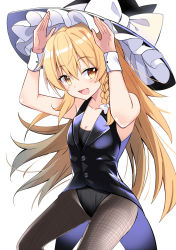 Rule 34 | 1girl, :d, alternate costume, black hat, blonde hair, braid, breasts, cleavage, e.o., fishnet pantyhose, fishnets, hands up, hat, highres, kirisame marisa, long hair, looking at viewer, open mouth, pantyhose, simple background, single braid, sleeveless, small breasts, smile, solo, touhou, white background, witch hat