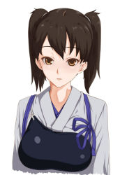 Rule 34 | 10s, 1girl, alternate hairstyle, blue ribbon, blush, breasts, brown eyes, brown hair, collarbone, expressionless, hair tie, japanese clothes, kaga (kancolle), kantai collection, kimono, looking at viewer, medium breasts, muneate, mutsumura ryuuichi, parted lips, ribbon, short hair, simple background, solo, tsurime, upper body, white background, white kimono