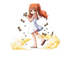 Rule 34 | 1girl, :t, aged down, arm tattoo, bodskih, brown eyes, dress, floating hair, from side, full body, holding, leg up, long hair, looking at viewer, money, nami (one piece), one piece, one piece film: z, one piece treasure cruise, orange hair, shiny skin, short dress, simple background, sleeveless, sleeveless dress, solo, standing, steam, tattoo, transparent background, twintails, white dress