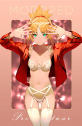 Rule 34 | 1girl, blonde hair, blush, bra, braid, breasts, closed eyes, commentary request, fate/apocrypha, fate/grand order, fate (series), french braid, garter straps, green eyes, hair ornament, hair scrunchie, highres, jacket, leather, leather jacket, lingerie, long hair, looking at viewer, medium breasts, mordred (fate), mordred (fate/apocrypha), navel, open clothes, open jacket, panties, ponytail, red jacket, salmon88, scrunchie, smile, solo, standing, thighhighs, underwear, white panties
