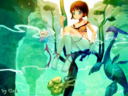 Rule 34 | 1girl, barefoot, blue eyes, bottle, breasts, brown hair, cleavage, derivative work, feet, nature, plant, short hair, solo, third-party edit, tougetsu gou, water, watermark