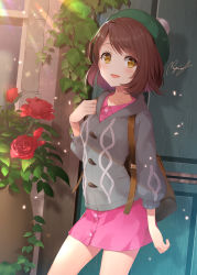 Rule 34 | 1girl, backpack, bad id, bad pixiv id, bag, blush, brown eyes, brown hair, cardigan, cowboy shot, creatures (company), door, dress, flower, game freak, gloria (pokemon), happy, hat, highres, light particles, light rays, looking at viewer, nintendo, open mouth, outdoors, pink dress, plant, pokemon, pokemon swsh, rose, rupinesu, short hair, signature, solo, sunlight, tam o&#039; shanter, vines