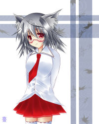 Rule 34 | 1girl, ahoge, alternate costume, animal ears, arms behind back, bespectacled, blush, breasts, contemporary, female focus, glasses, inubashiri momiji, large breasts, natsume tsuki, necktie, red eyes, school uniform, short hair, silver hair, skirt, solo, thighhighs, touhou, uniform, white background, wolf ears, zettai ryouiki