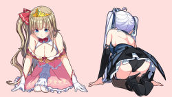Rule 34 | 2girls, aria (prison princess), ass, back, backless dress, backless outfit, blue eyes, breasts, bridal gauntlets, cleavage, crown, dress, full body, garter straps, gloves, high heels, kneeling, large breasts, light brown hair, long hair, mini crown, multiple girls, official art, one side up, pink background, prison princess, simple background, strappy heels, thighhighs, tiara, twintails, white gloves, white hair, zena (prison princess)