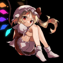 Rule 34 | 1girl, ascot, black background, blonde hair, bow, chicachang, crystal, flandre scarlet, full body, hat, hat ribbon, highres, mob cap, one side up, puffy short sleeves, puffy sleeves, red eyes, ribbon, short sleeves, side ponytail, skirt, socks, solo, touhou, white socks