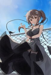 Rule 34 | 1girl, :o, absurdres, adapted costume, ahoge, arm under breasts, armpit crease, bare shoulders, belt collar, black choker, black dress, black thighhighs, black wrist cuffs, blue sky, blush, braid, breasts, brown eyes, brown hair, choker, cigarette, cleavage, collar, commentary request, cross-laced clothes, cross-laced dress, cross print, curvy, day, dress, eyelashes, eyes visible through hair, feet out of frame, fence, floating clothes, floating hair, floral print, from below, hair between eyes, hair ornament, hairclip, hand up, highres, holding, holding cigarette, large breasts, long dress, long hair, looking at viewer, minakami yuki, open mouth, outdoors, ponytail, single braid, sky, smoke, smoking, solo, standing, subarashiki hibi, takoyaki032002, thighhighs, wrist cuffs