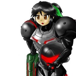 Rule 34 | 1girl, alternate costume, arm cannon, armor, bad id, bad pixiv id, bow, cosplay, crossover, female focus, hair bow, metroid, metroid prime, nintendo, phazon suit, reiuji utsuho, simple background, solo, touhou, weapon, white background
