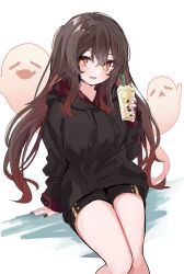 Rule 34 | 1girl, alternate costume, black hoodie, black nails, black shorts, boo tao (genshin impact), brown hair, casual, colored tips, drink, feet out of frame, genshin impact, ghost, hair between eyes, highres, holding, holding drink, hood, hoodie, hu tao (genshin impact), light blush, long sleeves, looking at viewer, multicolored hair, orange eyes, parted lips, shin murasame, shorts, simple background, sitting, smile, solo, white background