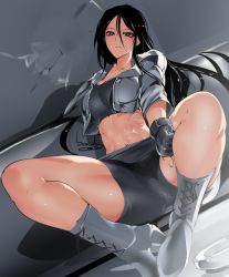 Rule 34 | 1girl, abs, artist name, black hair, boots, bowalia, breasts, cross-laced footwear, gloves, grey eyes, grey footwear, grey theme, high heel boots, high heels, lace-up boots, long hair, looking at viewer, medium breasts, original, short shorts, shorts, solo, thick thighs, thighs