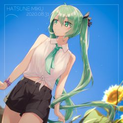 Rule 34 | 1girl, 2020, absurdres, black bow, black shorts, blue sky, blurry, blurry background, bow, character name, closed mouth, collared shirt, cowboy shot, dated, day, dutch angle, floating hair, flower, green eyes, green hair, green necktie, hair between eyes, hair bow, hatsune miku, highres, huge filesize, long hair, looking to the side, necktie, shirt, short shorts, shorts, sky, sleeveless, sleeveless shirt, smile, solo, striped, striped bow, sunflower, teay (ttttteay), tied shirt, twintails, very long hair, vocaloid, walking, white shirt, wing collar, yellow flower
