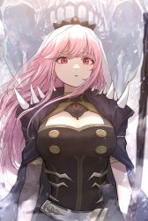 Rule 34 | 1girl, breasts, cape, cleavage, dodon gadon, highres, hololive, hololive english, large breasts, long hair, looking at viewer, mori calliope, parted lips, pink eyes, pink hair, solo, tiara, virtual youtuber