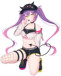 Rule 34 | 1girl, absurdres, barbell piercing, black choker, black footwear, black hat, black shorts, breasts, choker, cleavage, collarbone, crop top, demon tail, ear piercing, earrings, fake horns, fishnet thighhighs, fishnets, full body, green eyes, hair ornament, hairclip, hat, higashigure, highres, hololive, horned headwear, horns, industrial piercing, jewelry, long hair, long sleeves, looking at viewer, midriff, multicolored hair, nail polish, navel, off shoulder, on one knee, piercing, pink hair, pointy ears, purple hair, red nails, short shorts, shorts, simple background, single thighhigh, small breasts, solo, stomach, tail, thigh strap, thighhighs, thighs, tokoyami towa, twintails, two-tone hair, very long hair, virtual youtuber, white background