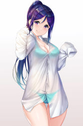 Rule 34 | 1girl, absurdres, bikini, bikini under clothes, blue bikini, blue hair, breasts, cleavage, dress shirt, gluteal fold, highres, long hair, long sleeves, looking at viewer, love live!, love live! sunshine!!, matsuura kanan, medium breasts, ponytail, purple eyes, rama (yu-light8), see-through, shirt, simple background, sleeves past fingers, sleeves past wrists, smile, solo, standing, swimsuit, swimsuit under clothes, thigh gap, white background