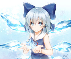 Rule 34 | 1girl, artist name, baileys (tranquillity650), bare arms, blue bow, blue eyes, blue hair, blue shirt, blush, bow, cirno, closed mouth, commentary request, hair between eyes, hair bow, highres, ice, ice wings, open hands, red ribbon, ribbon, shirt, short hair, sleeveless, smile, solo, touhou, upper body, wings