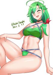 Rule 34 | 1girl, absurdres, alternate costume, antenna hair, bikini, breasts, cleavage, criss-cross halter, dated, feet out of frame, green bikini, green eyes, green hair, hair over shoulder, halterneck, highres, kantai collection, katou shinobu, lips, matsu (kancolle), medium breasts, one-hour drawing challenge, one eye closed, simple background, sitting, smile, solo, swimsuit, twitter username, white background