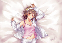 Rule 34 | 1girl, absurdres, arm up, bed sheet, blush, breasts, brown eyes, brown hair, chakuma (yiyh1468), cleavage, collarbone, cup, drinking glass, from above, fur-trimmed jacket, fur trim, hairband, highres, holding, holding cup, jacket, looking at viewer, lying, medium breasts, navel, on back, parted lips, pink shirt, shirt, short hair, shorts, signature, single off shoulder, solo, white hairband, white jacket, white shorts, wine glass, yahari ore no seishun lovecome wa machigatteiru., yukinoshita haruno