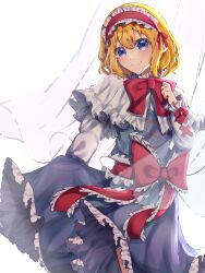 Rule 34 | 1girl, alice margatroid, blonde hair, blue dress, blue eyes, bow, capelet, commentary request, dress, frills, hairband, highres, jingai (k1bun), lolita hairband, long sleeves, looking at viewer, red bow, ribbon, short hair, simple background, smile, solo, touhou, white background, white capelet