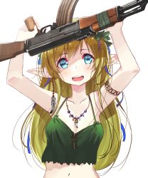 Rule 34 | 1girl, absurdres, ak-47, arms up, assault rifle, blonde hair, blue eyes, blush, breasts, camisole, collarbone, crop top, elf, gun, highres, holding, holding gun, holding weapon, kalashnikov rifle, long hair, looking up, medium breasts, midriff, military, navel, oota youjo, original, pointy ears, rifle, simple background, smile, solo, tareme, teeth, trigger discipline, upper body, weapon, white background