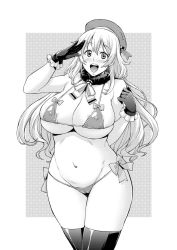 Rule 34 | 10s, 1girl, :d, alternate costume, ascot, atago (kancolle), beret, bikini, black gloves, black thighhighs, blush, breasts, cleavage, cleft of venus, covered erect nipples, cowboy shot, gloves, greyscale, groin, hat, kantai collection, large breasts, long hair, looking at viewer, monochrome, navel, open mouth, salute, smile, solo, string bikini, swimsuit, takurou, thighhighs, thighs, undersized clothes, wide hips