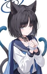 Rule 34 | absurdres, animal ear fluff, animal ears, black eyes, black hair, blue archive, blue neckerchief, blush, bound, bound wrists, cat ears, cat tail, choker, closed mouth, collarbone, commentary, halo, haori, highres, japanese clothes, kikyou (blue archive), kurone (kurone ryuo), long sleeves, multiple tails, neckerchief, pleated skirt, ribbon choker, school uniform, serafuku, short hair, skirt, sweatdrop, tail, two tails, white background